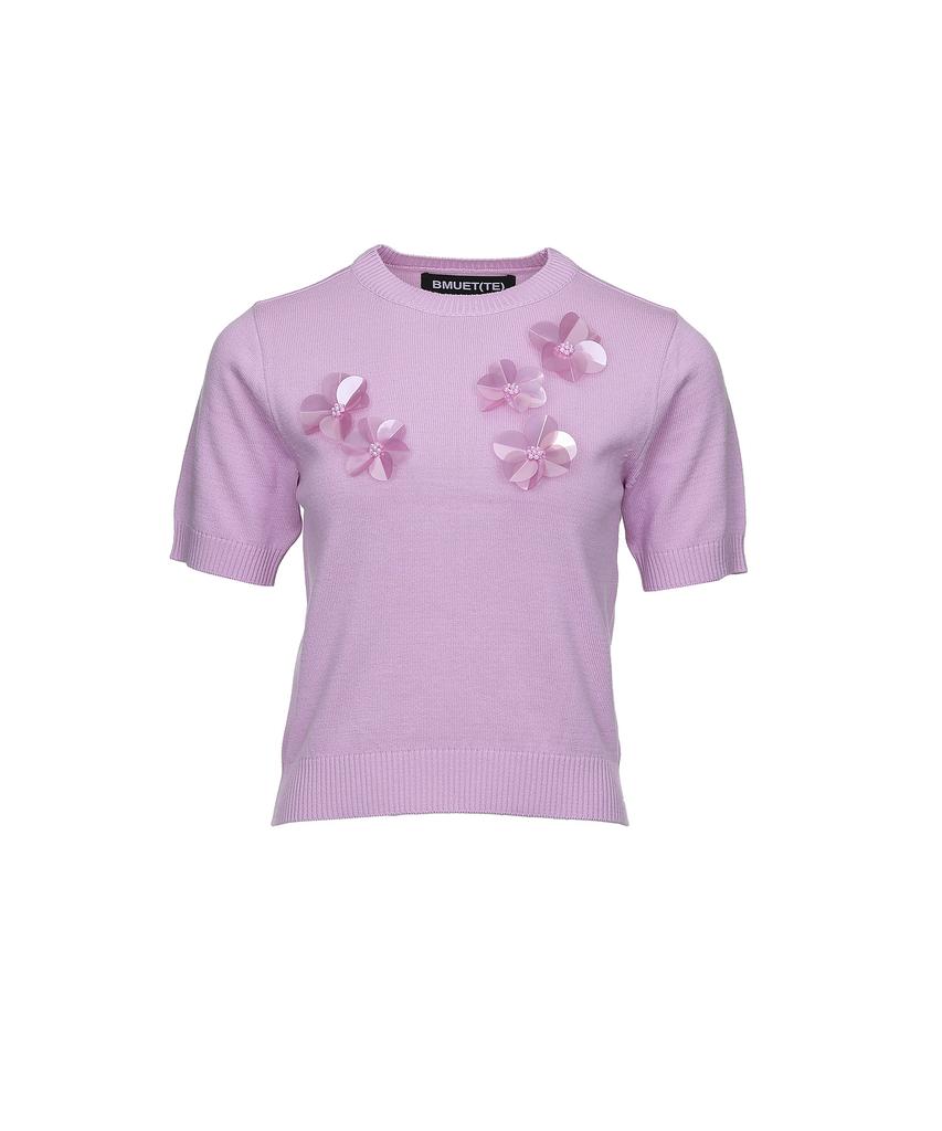 BMUETTE Flower Bead Corsage Decorated Short Sleeve Pullover Pink