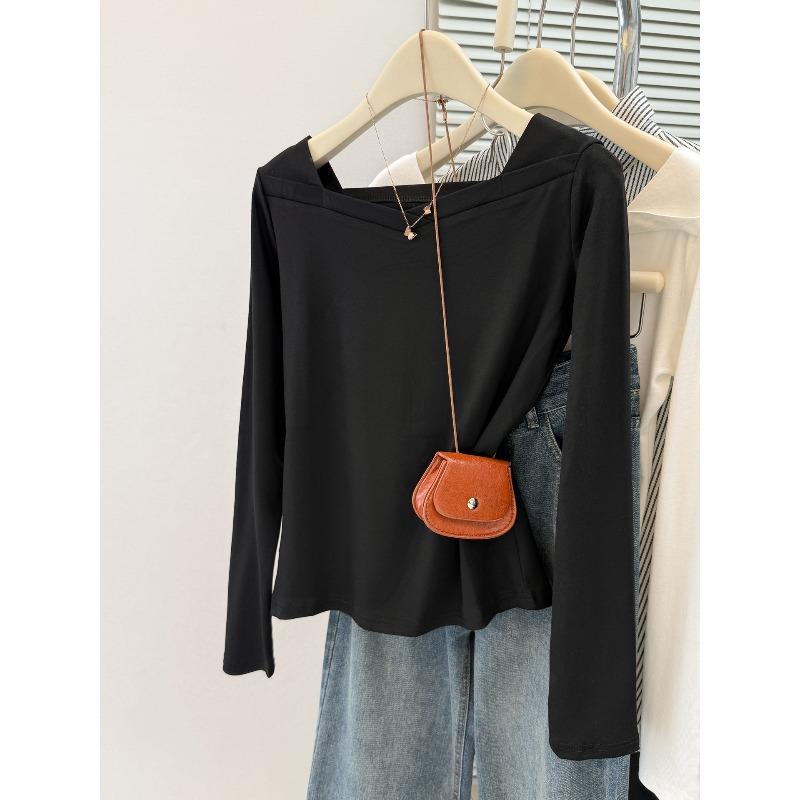 

Реальное фото однотонная футболка с длинным рукавом женская тонкая облегающая и с тонким воротником с открытой ключицей базовая рубашка топ 2XL чёрный