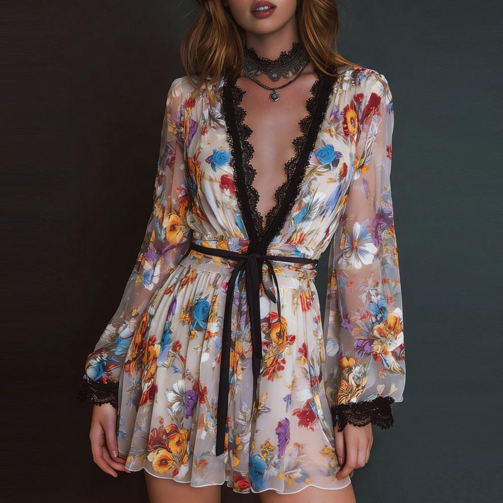 Autumn 2025 V-Neck Long Sleeve Waist-Cinching Elegant Organza Dress M