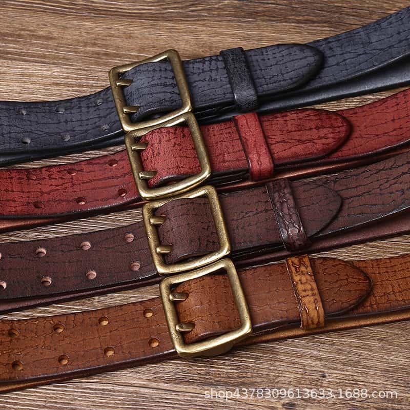 Retro Old Trend Personalized Double Needle Copper Buckle Belt Men'S Genuine Leather Pure Cowhide Denim Belt