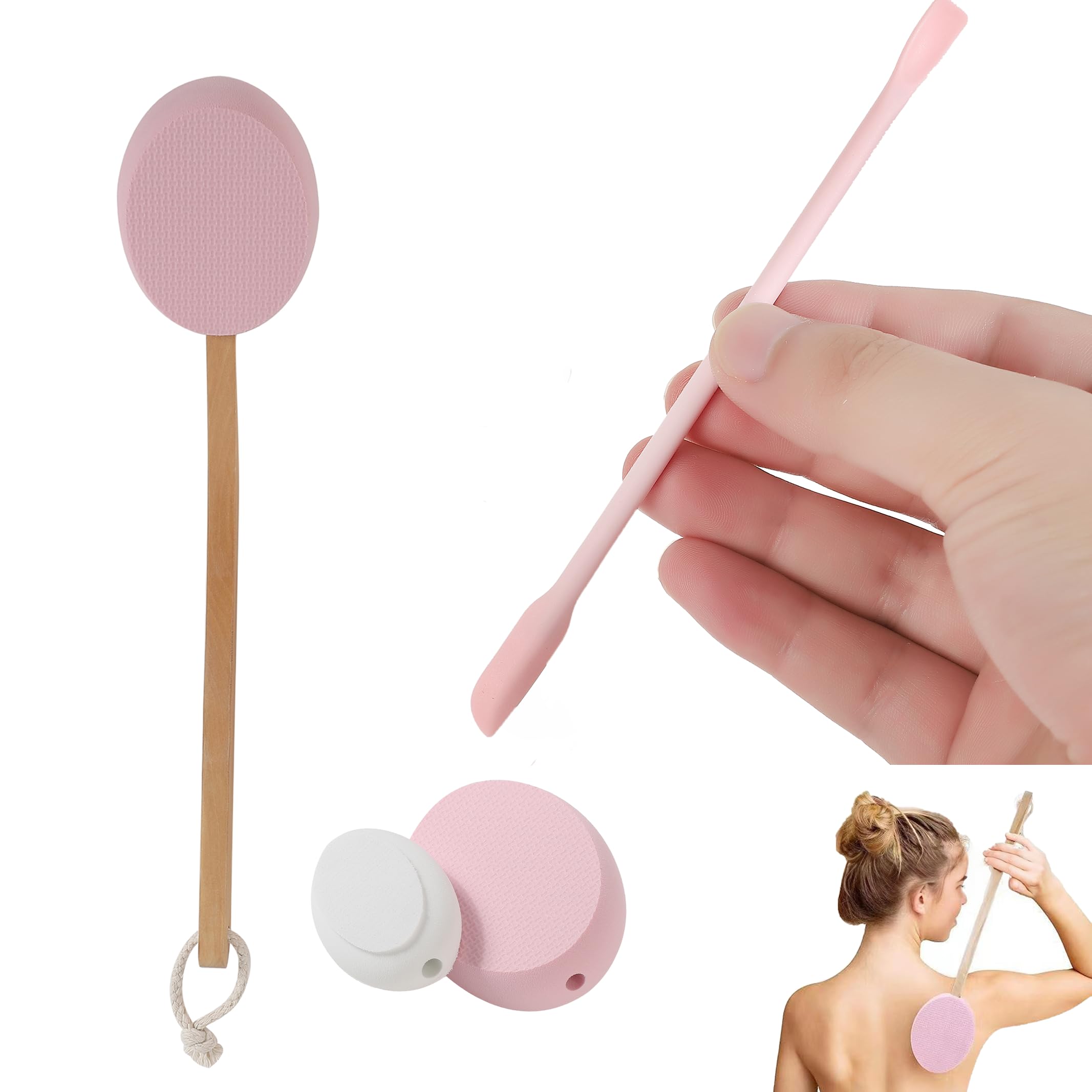 

Back acne and dry skin treatment lotion applicator with EVA pad for gentle application, includes a spatula to prevent nail stains.