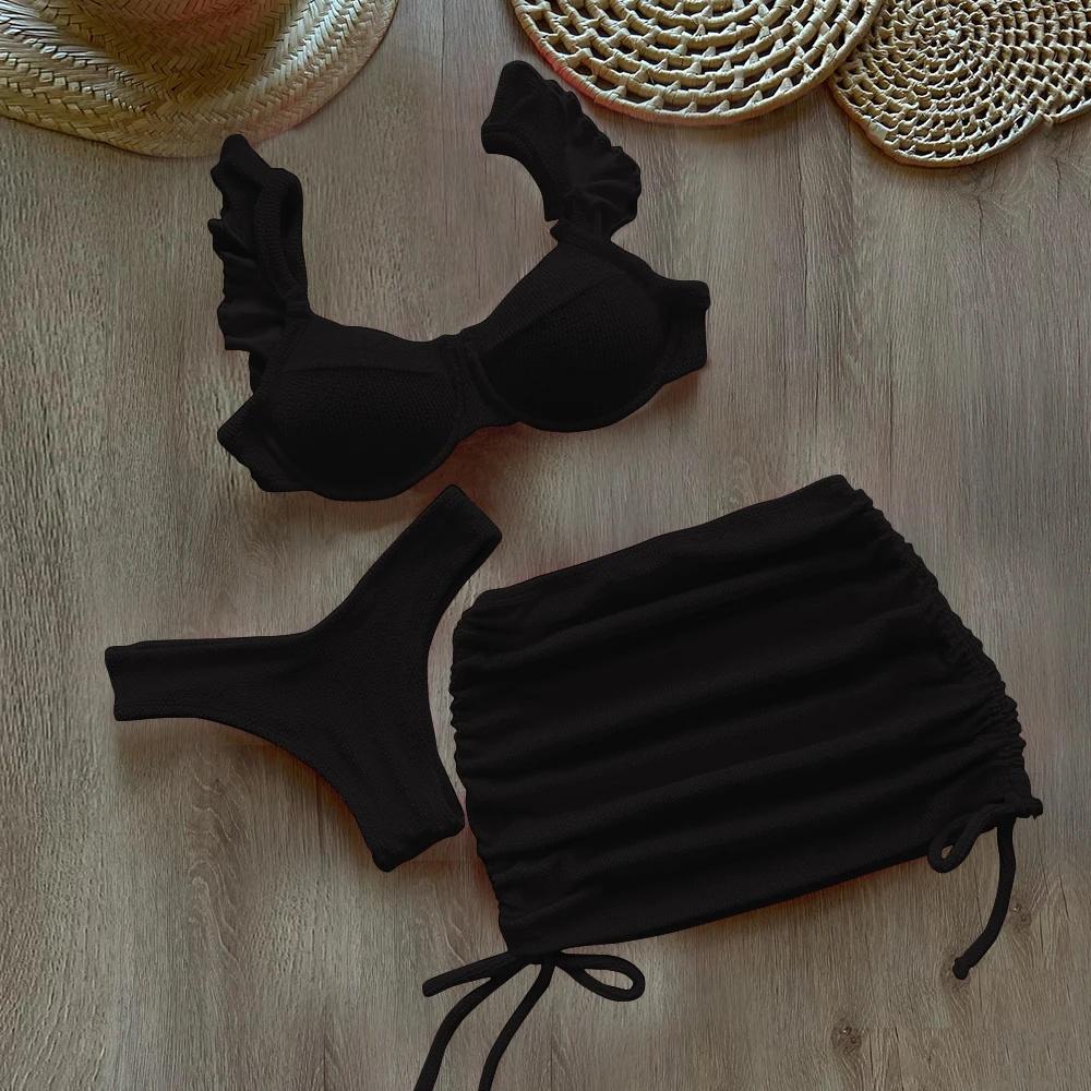 Solid Wavy Fabric Low Waist Bikini Set Cover Up Swimsuit For Women Push Up Ruffle Three Pieces Swimwear 2025 Beach Bathing Suits