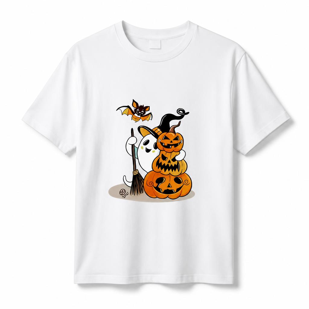 100 Pure Cotton Tshirt Cute Ghost Witch Broom Stacked Pumpkin Bat Print Loose Tee Halloween Party Daily Wear
