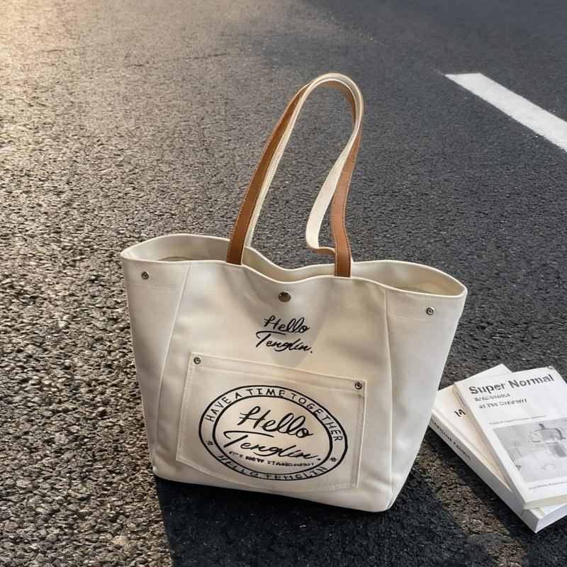 Fashi Korean Style Large Capacity Canvas Top Handle Bag Texture Simple Shoulder Bag for Women with Letter Print Storage Bags