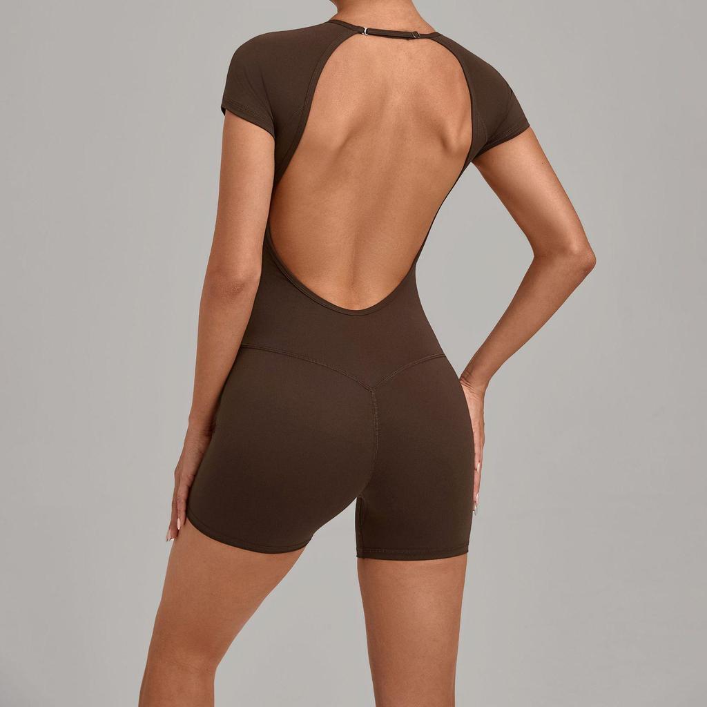 Damen-Jumpsuit mit überkreuztem Rücken und verstellbaren Trägern: Rundhalsausschnitt, Enganliegend, Po-Hebende Shorts, Yoga-Bodysuit (Modell 2701)