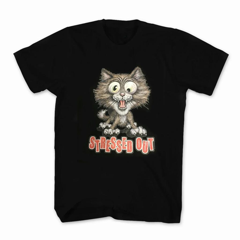 Funny Cat Stressed Out Printed T-Shirt 100% Cotton O-Neck Summer Short Sleeve Casual Mens T-shirt Size S-3XL