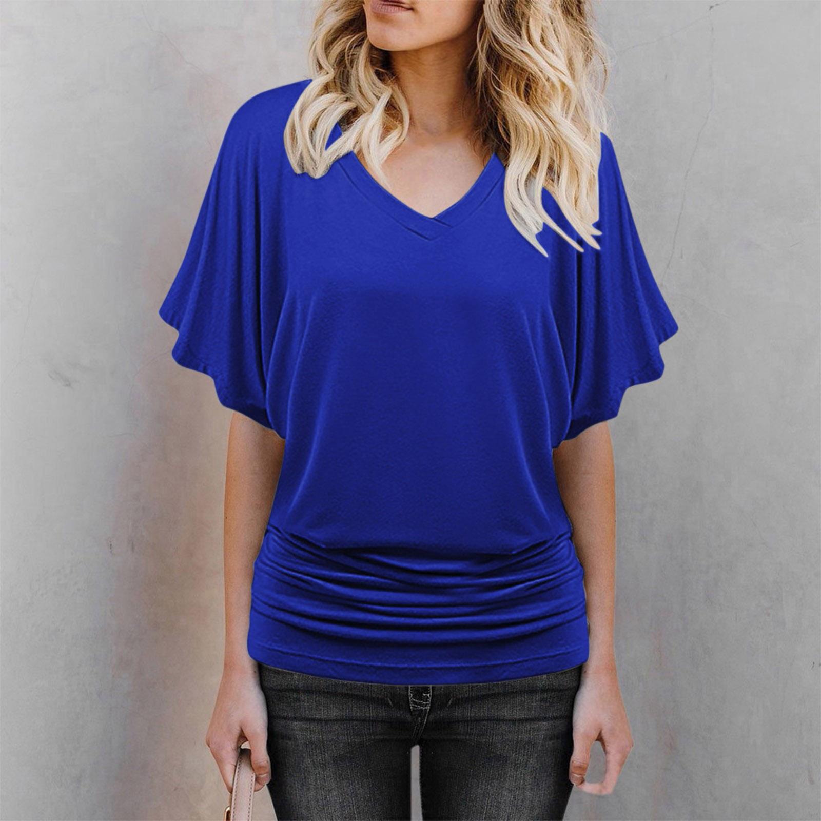 Women s Casual Loose Fit Batwing Sleeve V-Neck Top Stylish Blouse with Ruched Waist for Everyday Wear XL синий