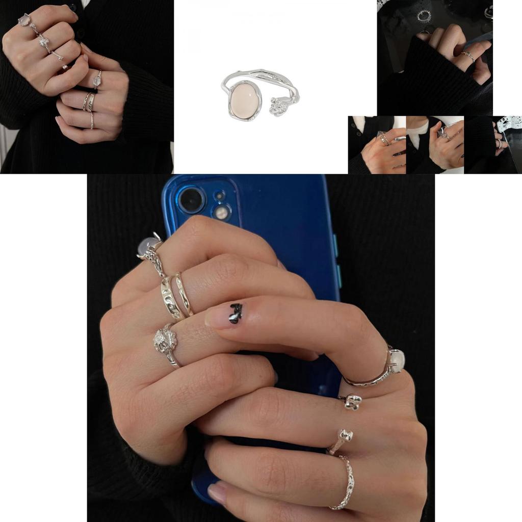 Stunning 925 Sterling Silver Korean Geometric Open Adjustable Ring With Unique Gemstone Crystals