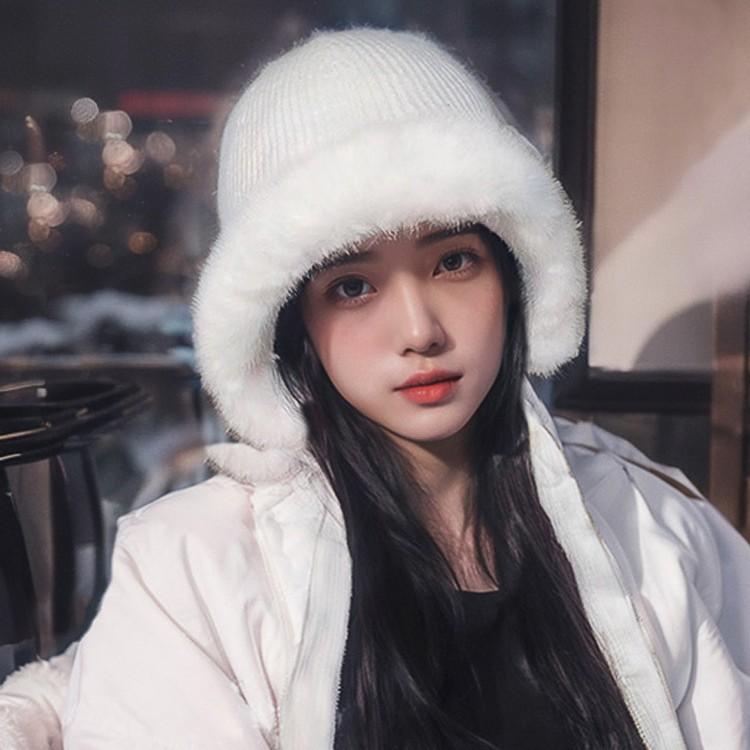 Korean Rabbit Fur Autumn and Winter Hats Women's Winter Knitted Ear Protecting Hats  Cycling Hats with Fleece  Windproof and Warm