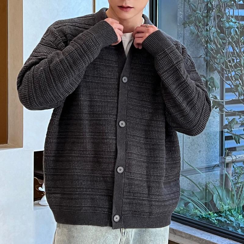Lightly Mature Korean Style Black Turn-down Collar Knitted Cardigan Coat Men's Autumn Wear High-Grade Casual Sweater