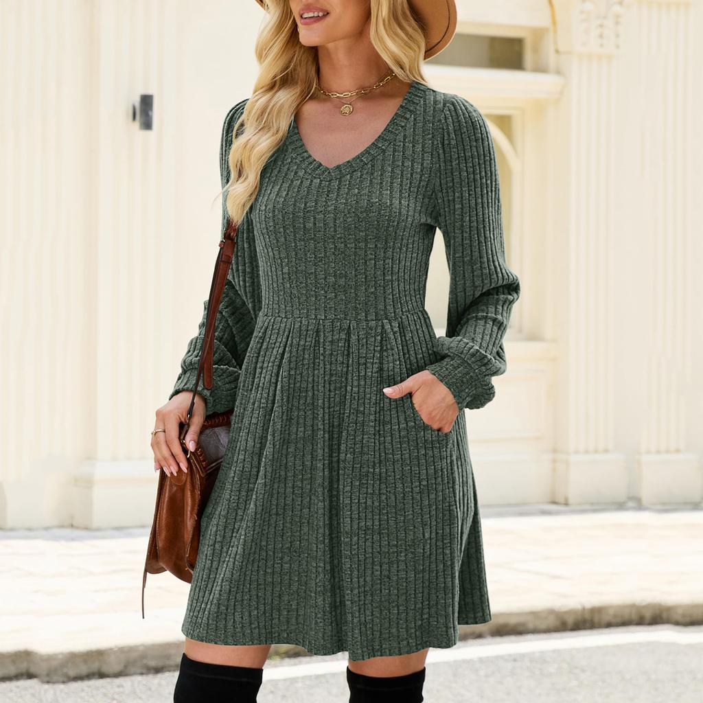 Women's Fashion Casual V-neck Knitted Sweater Dress With Long Sleeves, Pockets And Solid Color