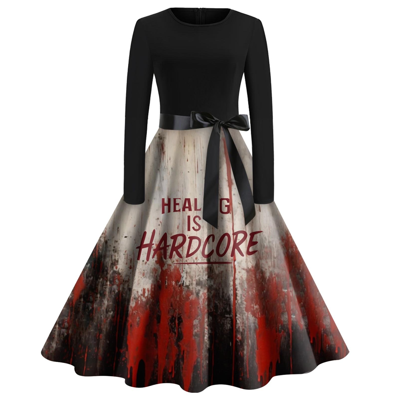 

Women Halloween Print Flare Dress Long Sleeve O-Neck Dress Party Casual Dresses M винний