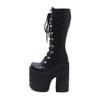 Fashion Women's Y2K Side Zipper Platform Boots Knee High Motorcycle Boots Black Closed Toe Lace Up Long Boots