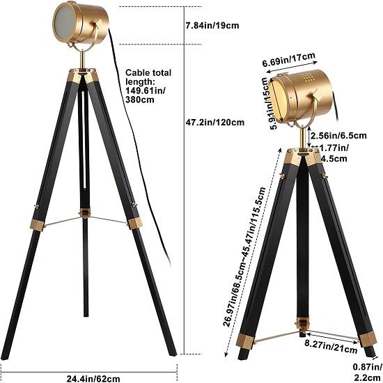 Tripod Metal Floor Lamp Swivel Head Ebony Tall Standing Spotlights for Bedroom