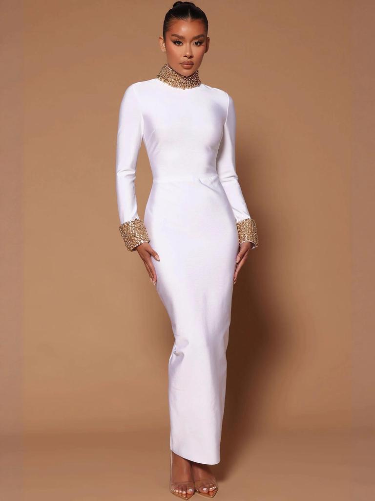 Beaded Stand Collar Backless Bodycon European & American Long Dress - Retro Light Luxury Design