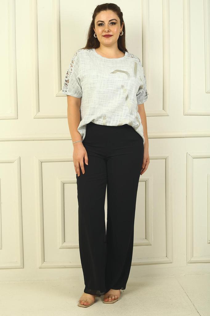 Beli Lastikli Astarlı Büyük Beden Şifon Pantolon