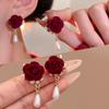 Red Velvet Rose Pearl Stud Earrings for Women New Year Golden Metallic Floral Studs Earrings Party Gift Jewelry Accessories