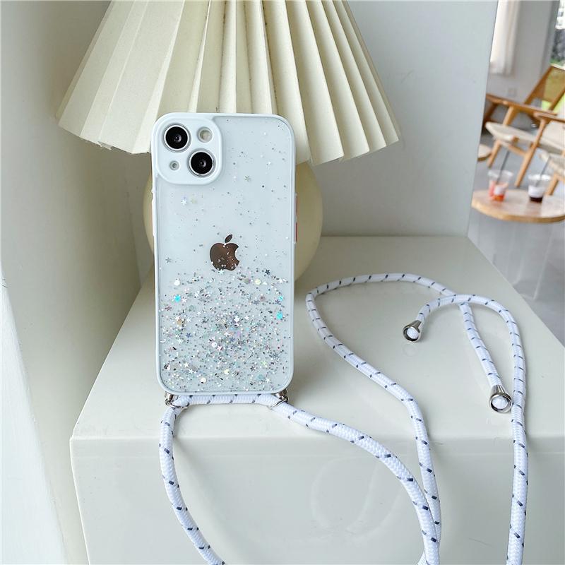 New Glitter Sequins Gradient Clear Necklace Strap Lanyard Phone Case For iPhone17 16 13 12 11 Pro Max14 15 Plus Soft Cover