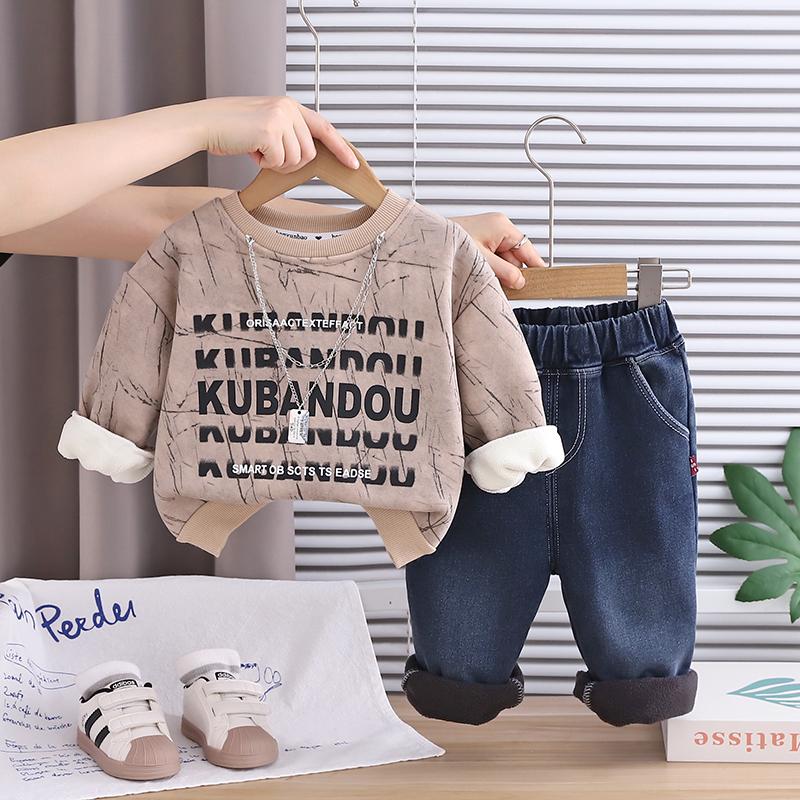 Boys' long sleeved 2-piece set, children's autumn and winter fleece hoodie+denim pants set, children's handsome clothes