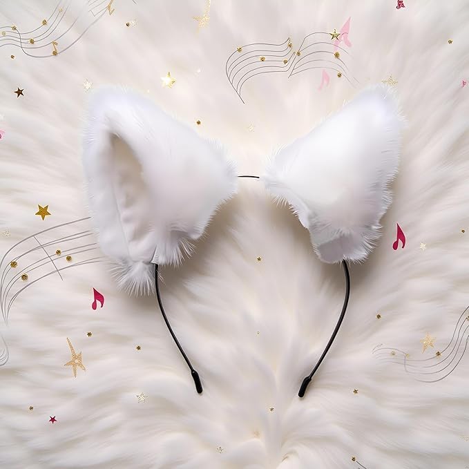 Qintreesify Süßes Katzenohren-Stirnband mit langem Fell und Fuchsohren, Cosplay-Stirnband mit Glöckchen, Kopfschmuck für Party-Kostüme, Halloween-Haarreif, Weiß
