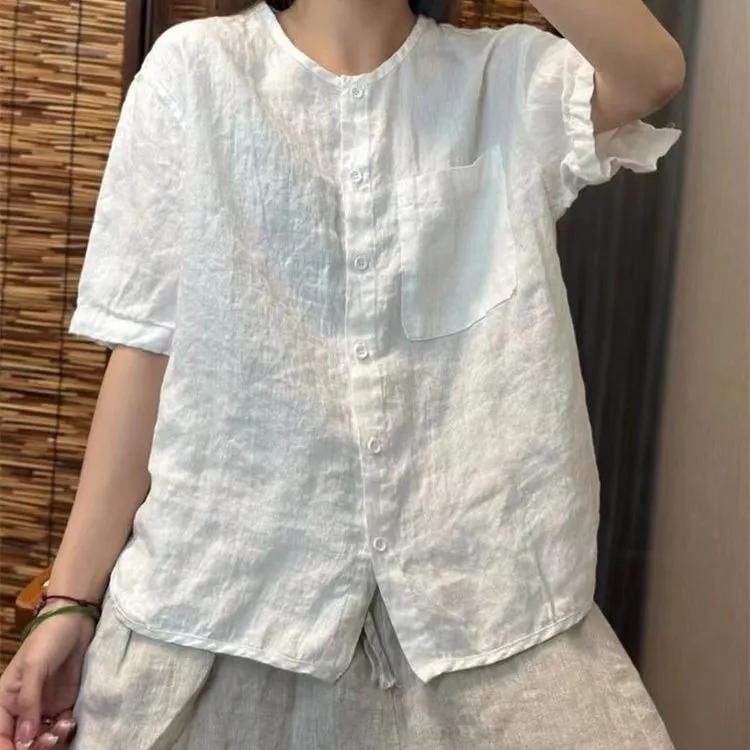Chiffon Baumwolle Leinen Rundhals T-Shirt Damen Sommer Vintage Kunst Locker Hemd Offener Cardigan Kurzes Hemd für Damen