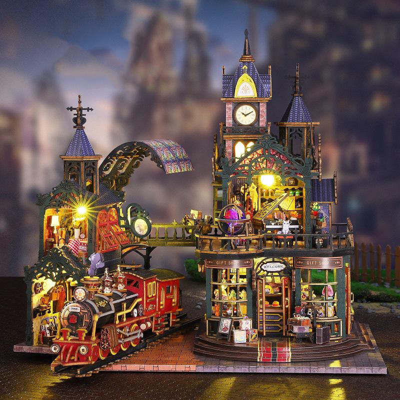 DIY Wooden Miniature Building Kits Rail-track Secluded City Doll Houses With Furniture Casa Magic Dollhouses for Friends Gifts