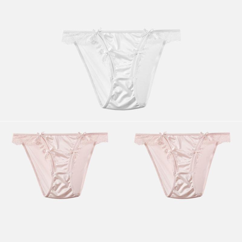 CINOON 3Pcs/Lot Women's Satin Sexy Briefs Lace‑Trim Mesh Spliced Panties Bow‑decor Solid‑Color Hollow‑out Bikini Briefs