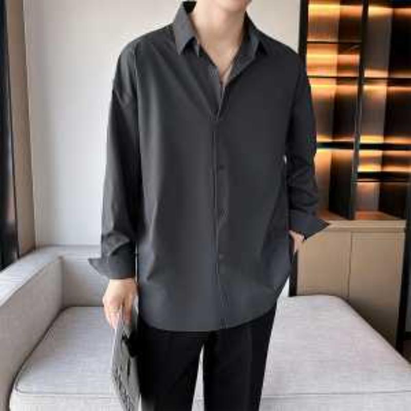 Eisseide Schwarzes Hemd Herren Langarm Frühling Herbst Neu Drapierung Locker Jacke Freizeitanzug Trendig