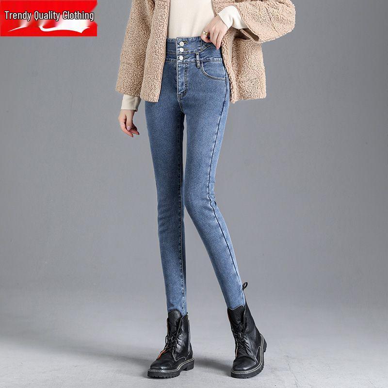 

2025 Women s Slim Fit High Waist Stretch Jeans - Plus Velvet, Thickened, Warm, Pencil Cut for Autumn/Winter 31