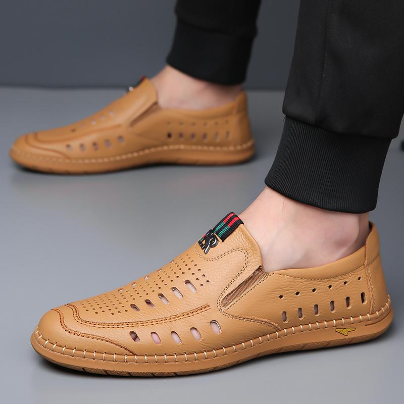 2025 Sommer beliebte Herrensandalen echtes Leder Business Lochmuster Herrenschuhe weiche Sohle Loch Papa Lederschuhe weiß