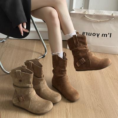 Herbst Damen Stiefeletten 2026 Neue Mode Flache Schuhe Freizeit Schuhe Wildleder Chelsea Kurze Stiefel Rutschfest Retro Cowboystiefel Botas Mujer