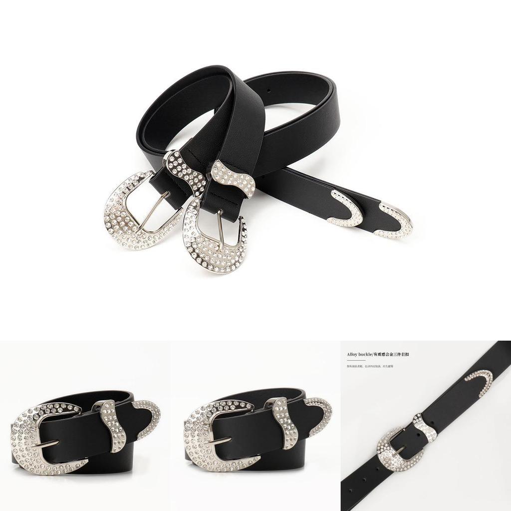 Classic Water Diamond Embellished Faux Leather Belt For Women With Adjustable Pin Buckle