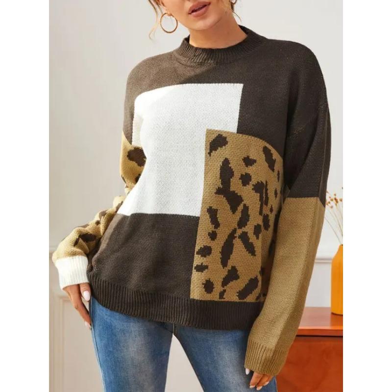 

Женская мода повседневная осень-зима леопардовый принт длинный рукав O-образный вырез свитера Size: One Size белый