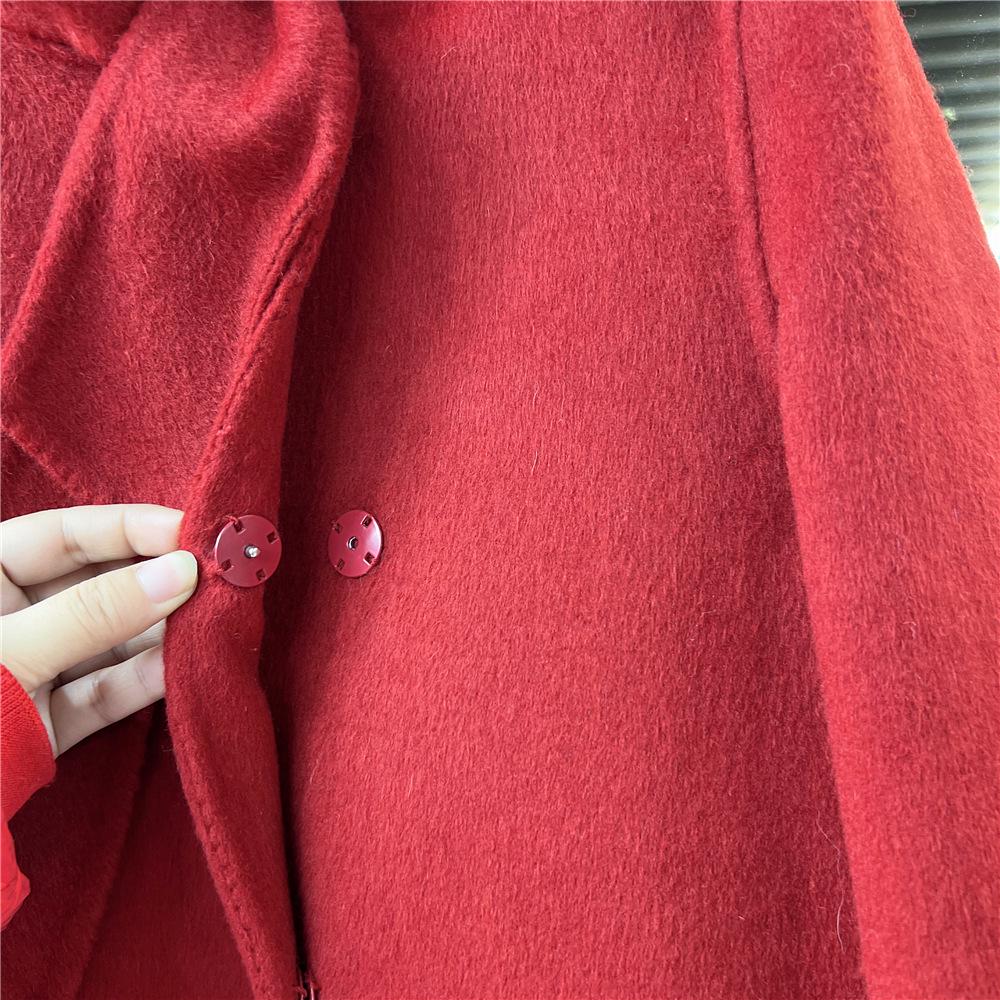 Women's Red Bow Ribbon Cashmere Coat - French Sweet Rich Girl Style, Double-Sided Woolen Petite Coat for New Year