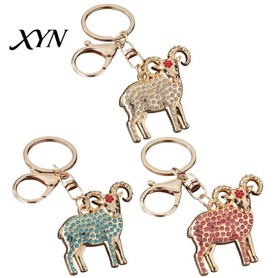 Rhinestone Goat Charm Golden Plated Keychain, Animal Shaped Zodiac Key Ring Metal Keyring Pendant, Handbags Backpack Decorative Accessories Pendant