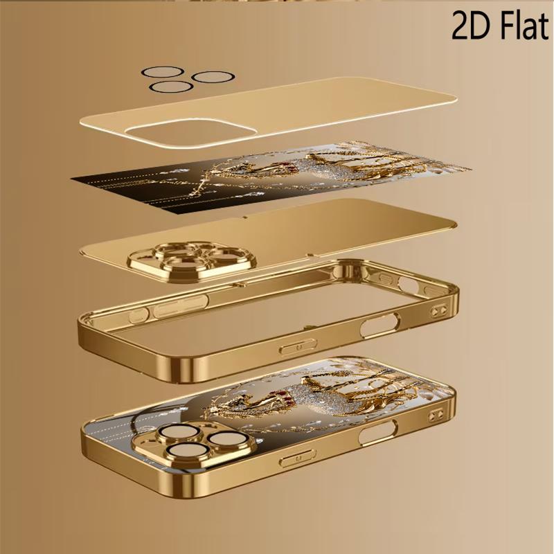 Golden Horse Patterned tempered glass design for iPhone16 17 ProMax 1514 1312 11ProMax Phone Case Camera Cover Shockproof Hard B