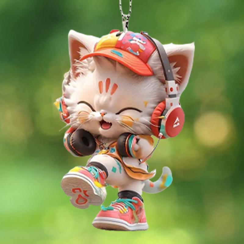 Acrylic Cat Car Pendant Car Mirror Hang Cat Wearing Headphone Ornament 2D Acrylic Pendant For Christmas Tree Bag Car Rearview