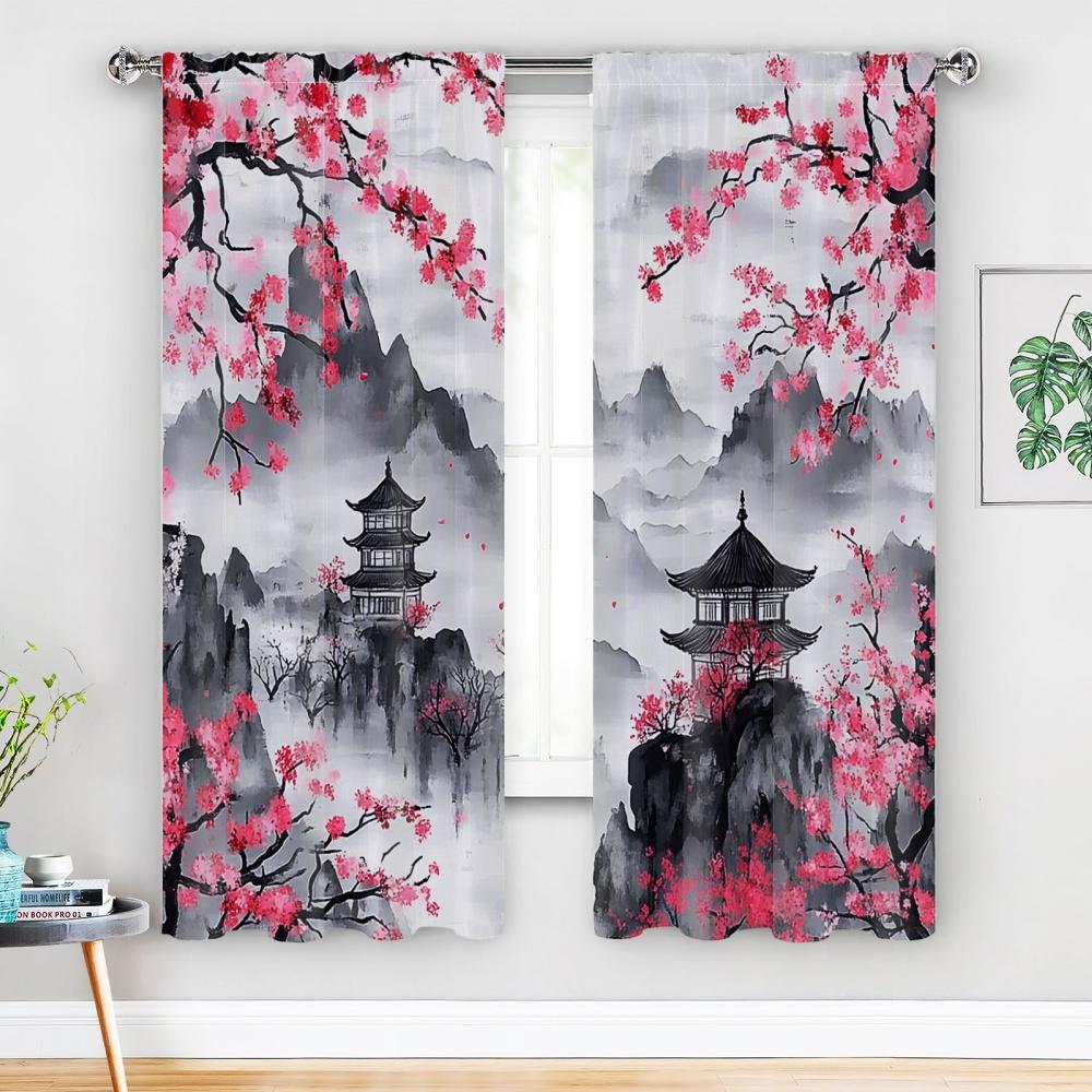 Chinese Ink Painting Sakura Curtains Top Bedroom Living Room Light Blocking Set Of 2 Made Polyester With Rod Pocket Great Decor