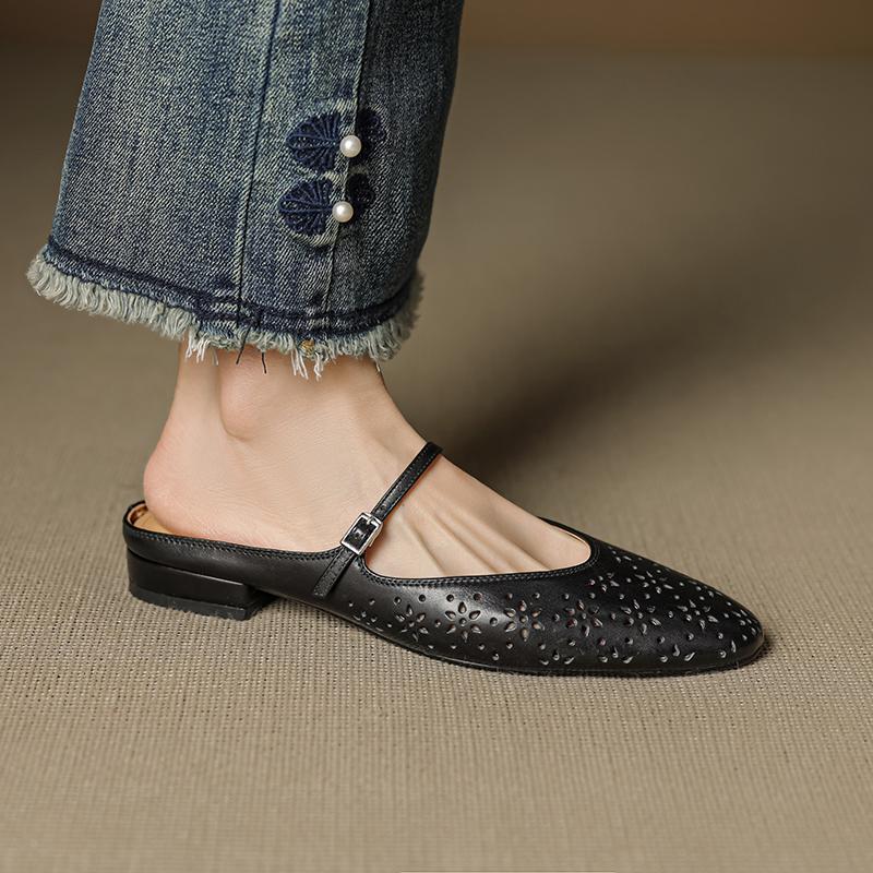 Fashion 2025 New Summer Women Mules Genuine Leather Shoes for Women Squared Toe Low Heel Shoes Cover Toe Slingback Slippers Modern