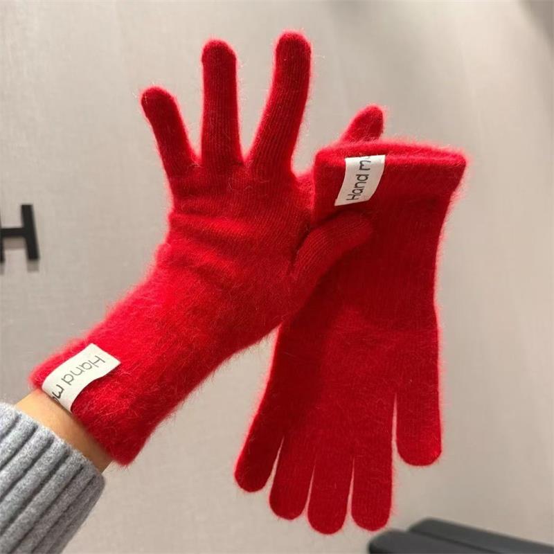 Women Rabbit Hair Gloves Cable Knit Touchscreen Finger Hole Winter Autumn Warm Wrist Length Classic Gloves Female Mitten