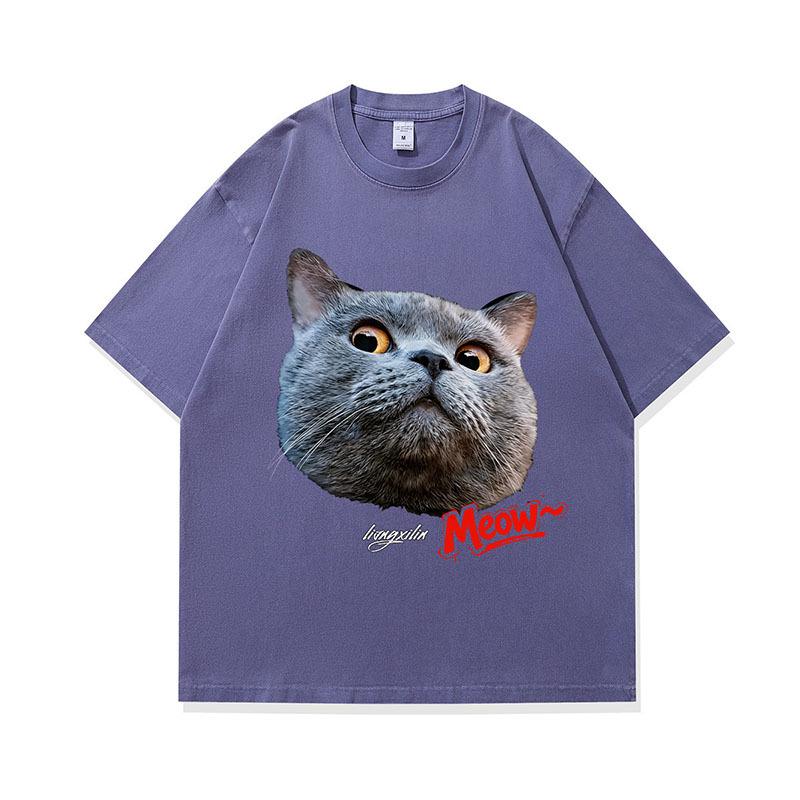 Men'S T-Shirt Street Retro Cat Digital Direct Injection Printing Pod Custom Cotton Washed Short-Sleeved T-Shirt Men