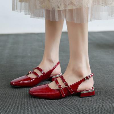 Francouzské Vintage Letní Lakované Kožené Boty Sandály na Nízkém Podpatku Čtvercová Špička Mary Jane Vysoké Podpatky Dámské Elegantní Sandály s Dvojitou Sponou