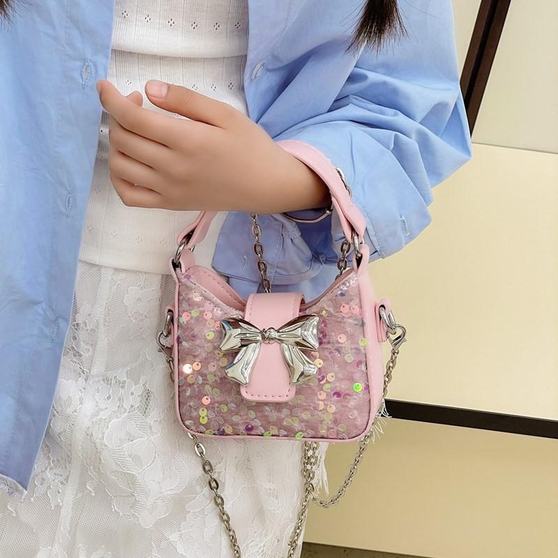 Bow Shoulder Glitter Bag Pu Material Chain Crossbody Bag For Girl Use Daily
