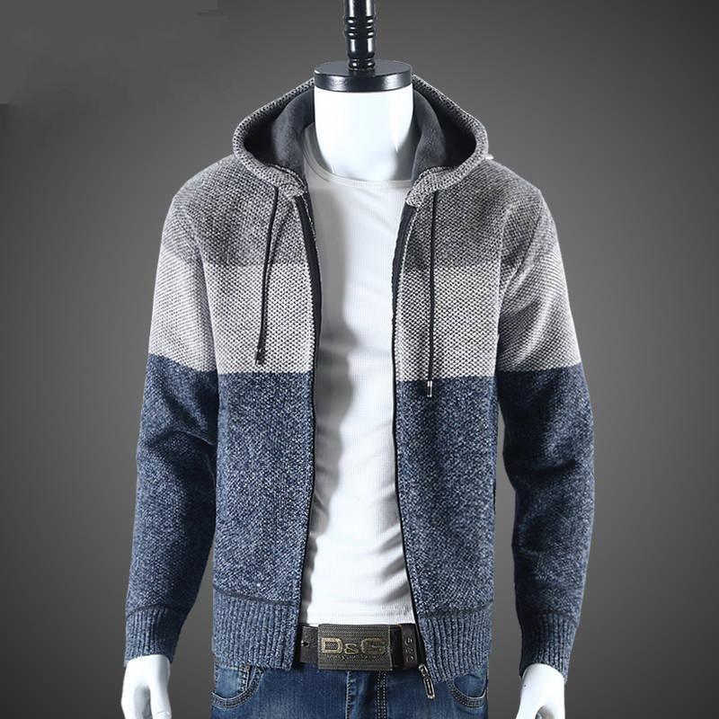 Men's Fall and Winter Hooded Sweater Patchwork Knitted Jacket Windproof Warm Knitted Jacket