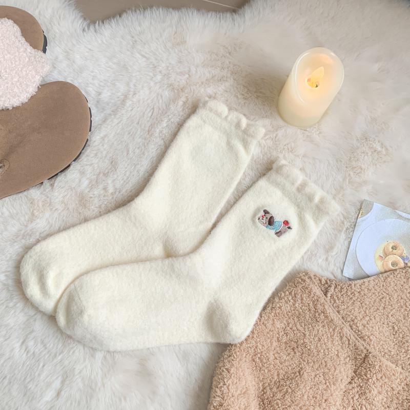 Șosete Termice Calde pentru Femei, Lungime Medie - Design Alb cu Dantelă și Desen Animat Câine Cârnat pentru Toamnă/Iarnă