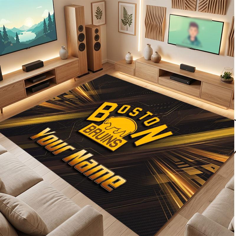 Boston Bruins Personalized Crystal Velvet Carpet, Customized Name Text Soft Anti‑Slip Rug for Living Room Bedroom