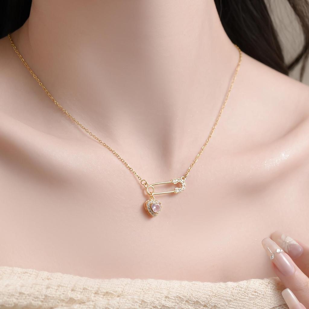 Women's Zircon Safety Pin Heart Pendant Necklace - Luxury Titanium Steel Chain