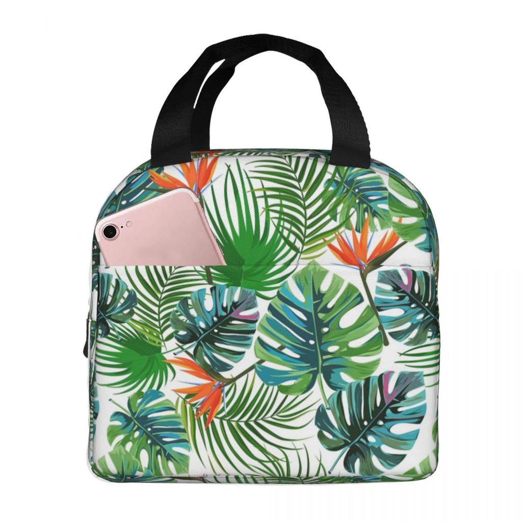 Tropical Green Leaves And Flowers Pattern Insulated Lunch Bag for Women Kids Portable Food Boxes Thermal Lunch Box Tote
