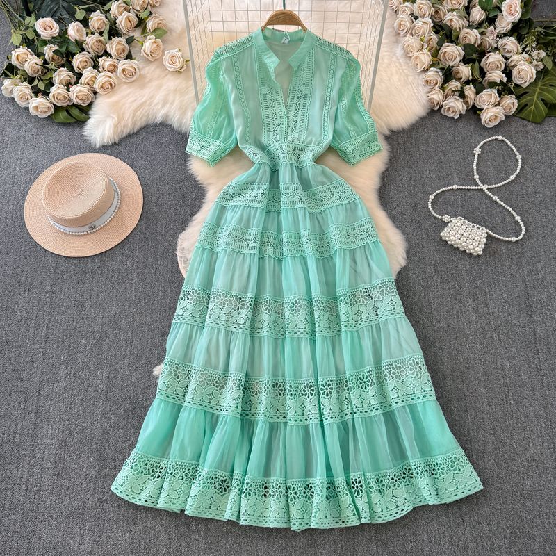 French Style Temperament Summer Clothing Cutout Lace Stitching Dress