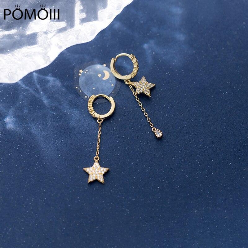 925 Sterling Silver Star Water Drop Asymmetric Hoop Earrings for Women Cubic Zircon Earrings Jewelry S-E1089